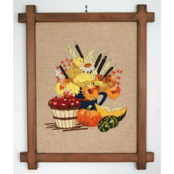 Vtg Floral Cross Stitch Embroidery Fall Autumn Art - Picture 1 of 3